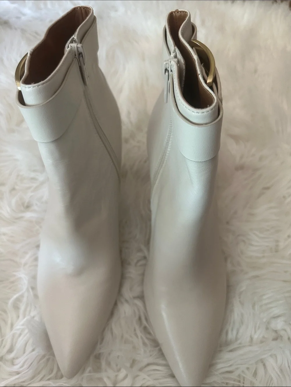 Calvin Klein Cream Leather Pointed-Toe Ankle Booties with Gold Buckle